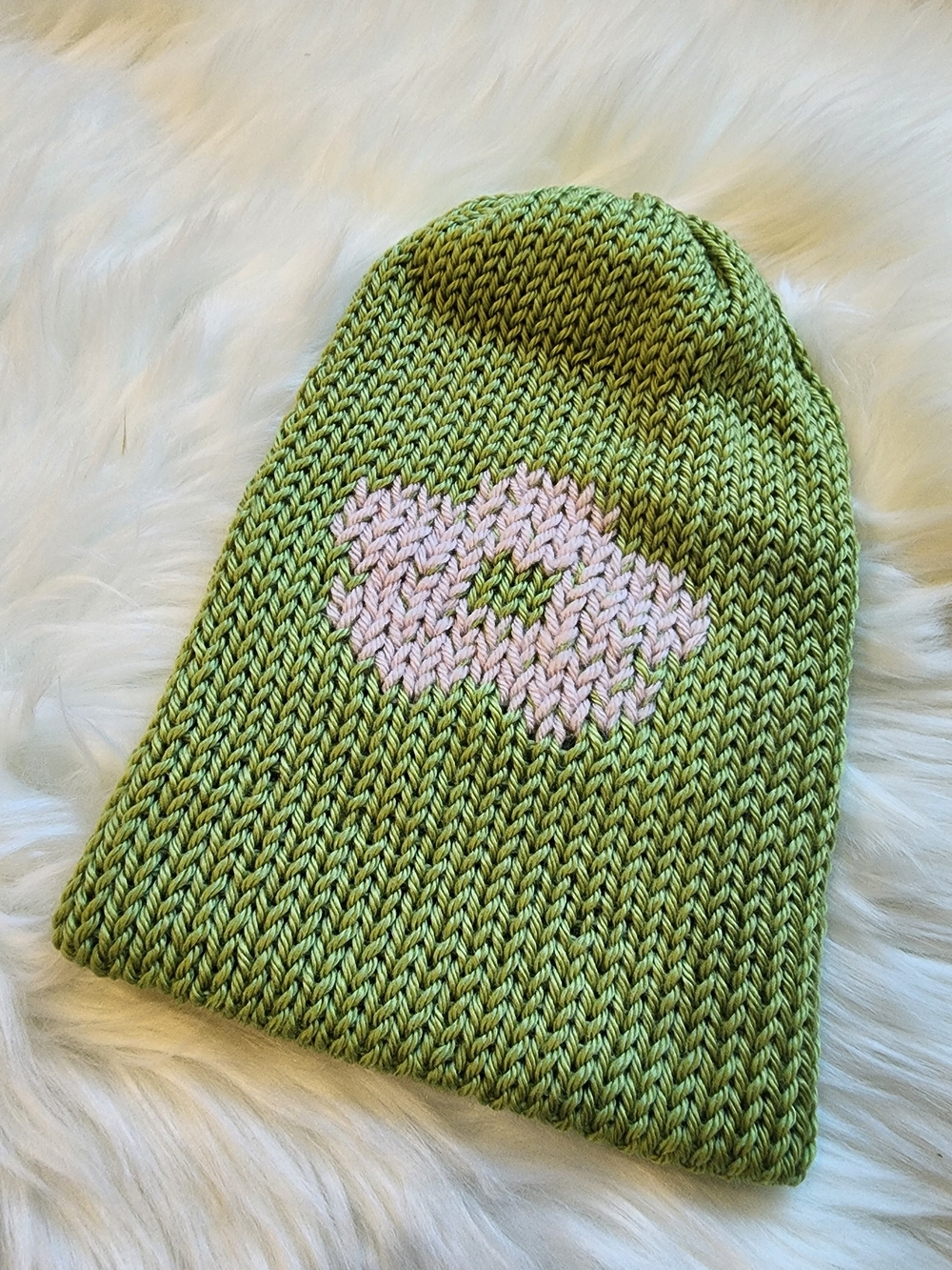 Handmade Green Knit Beanie with Pink Flower Motif